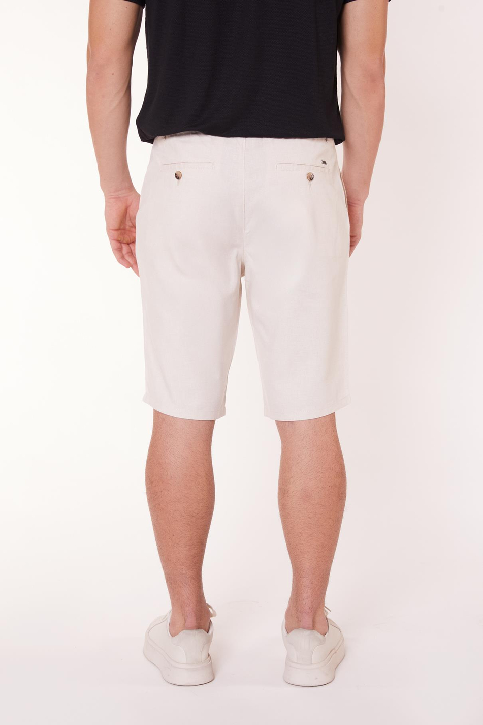 Erkek Beli Yarım Lastikli Keten Görünümlü Pamuk Şort Ekru