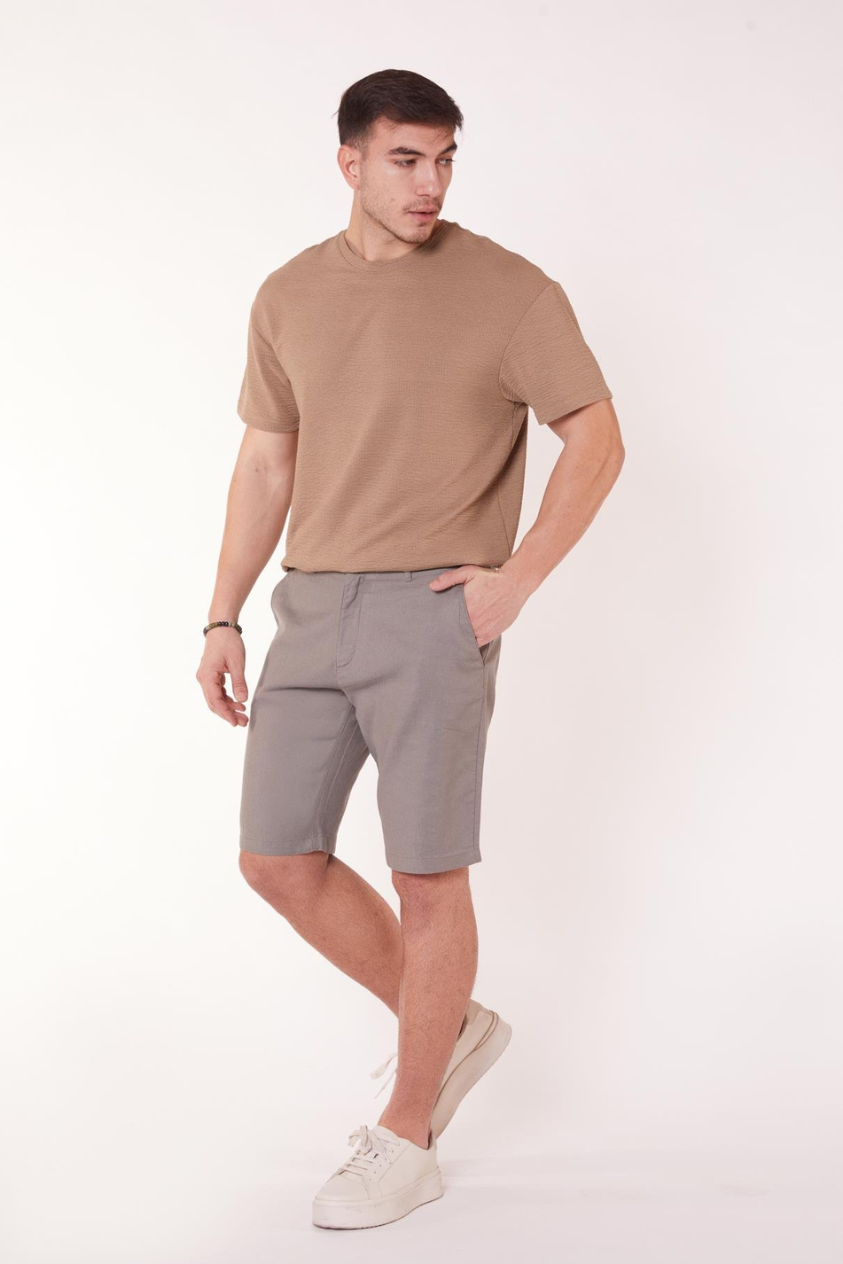 Erkek Beli Yarım Lastikli Keten Görünümlü Pamuk Şort Haki