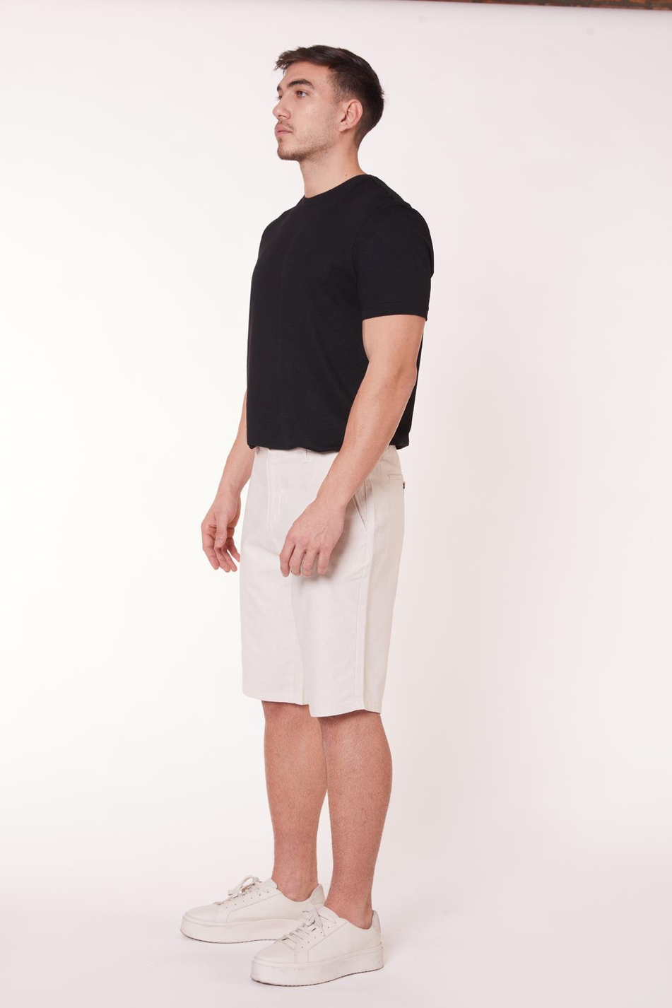 Erkek Beli Yarım Lastikli Keten Görünümlü Pamuk Şort Ekru