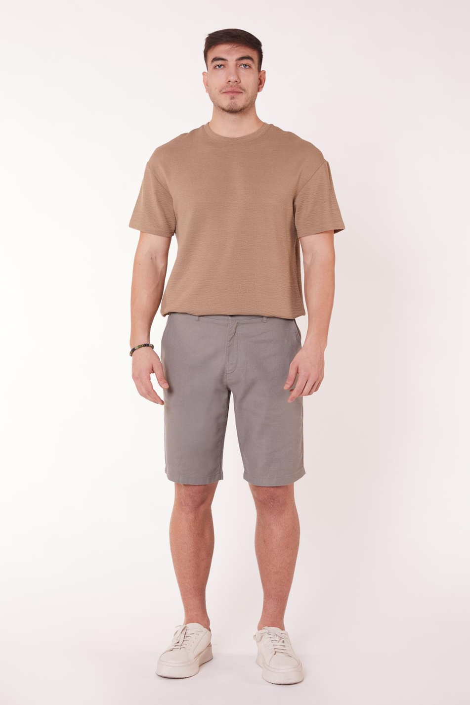 Erkek Beli Yarım Lastikli Keten Görünümlü Pamuk Şort Haki