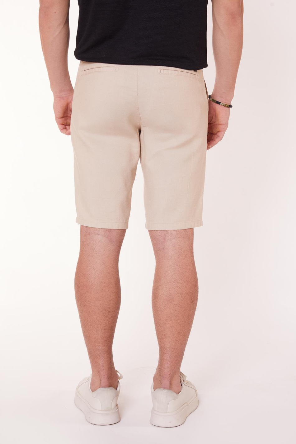 Erkek Beli Yarım Lastikli Keten Görünümlü Pamuk Şort Bej
