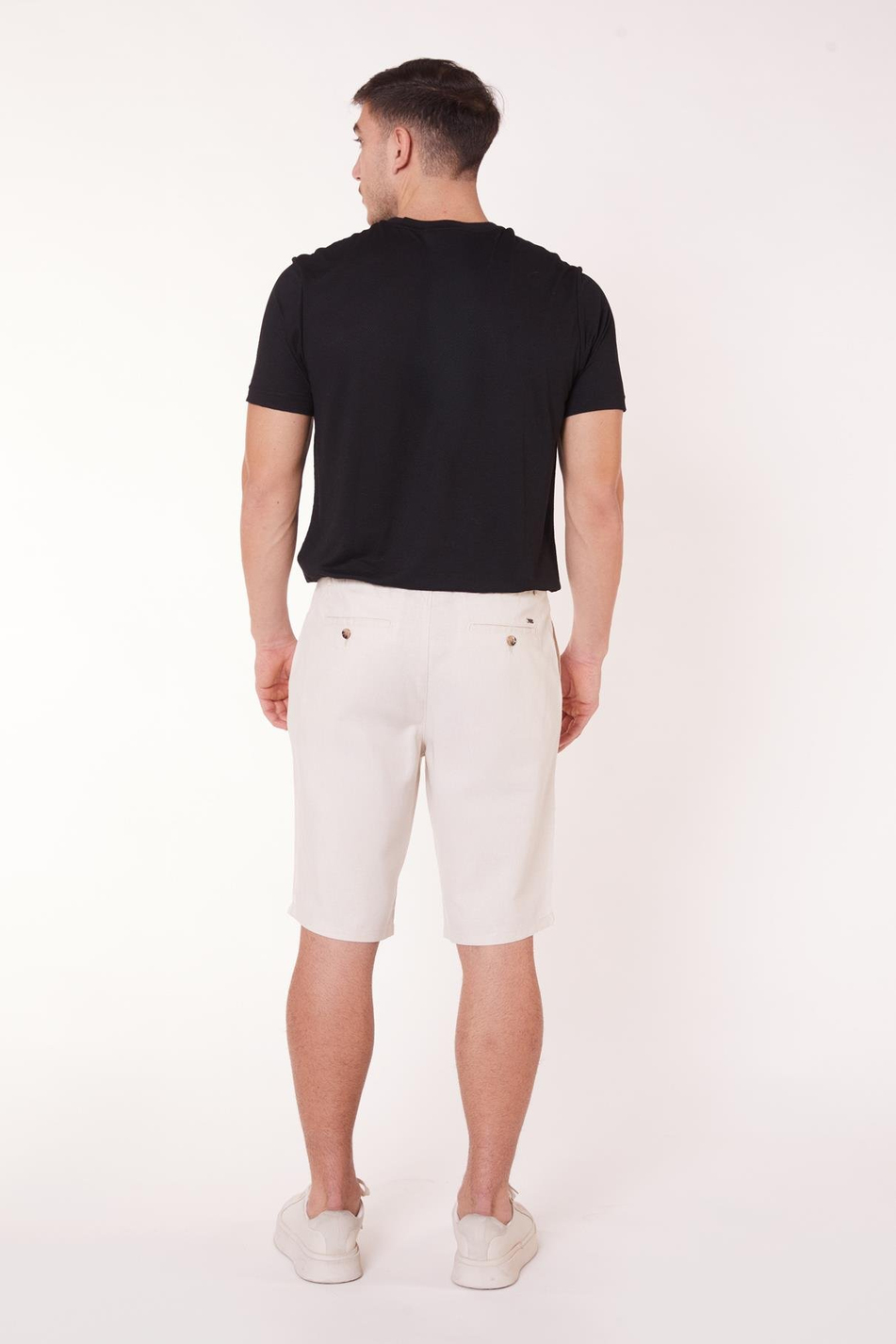 Erkek Beli Yarım Lastikli Keten Görünümlü Pamuk Şort Ekru