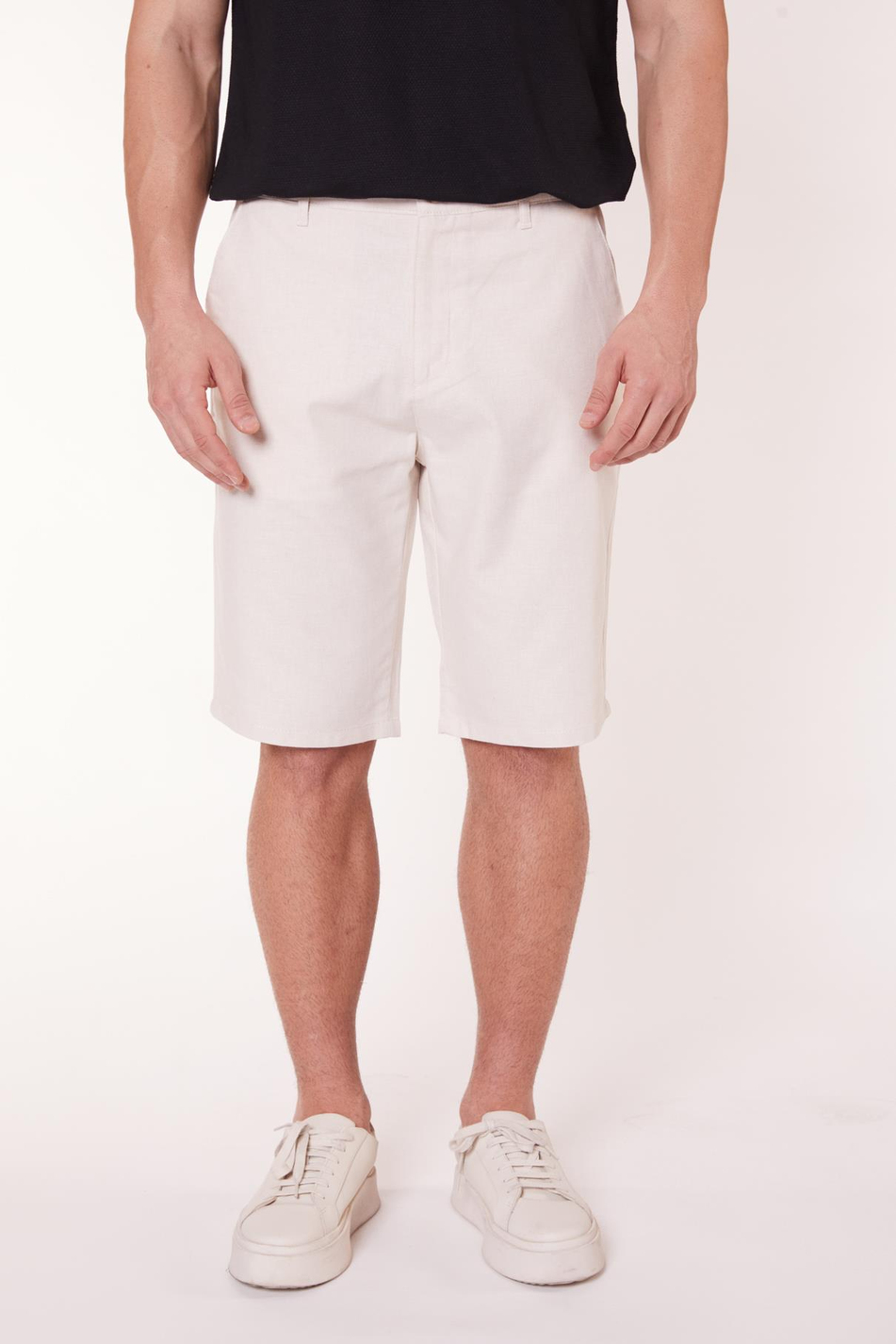 Erkek Beli Yarım Lastikli Keten Görünümlü Pamuk Şort Ekru
