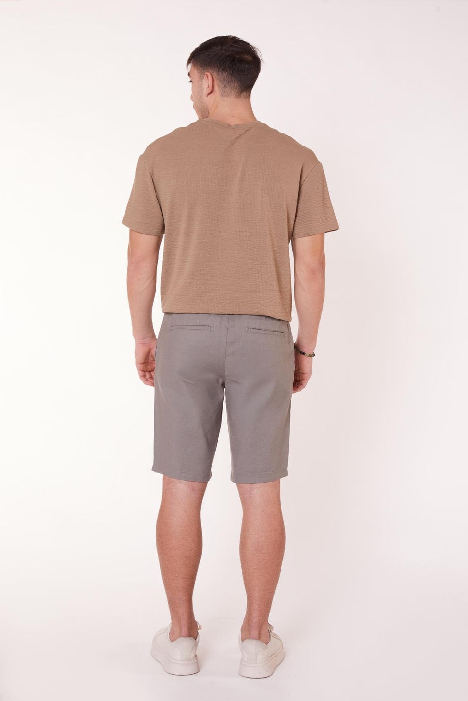 Erkek Beli Yarım Lastikli Keten Görünümlü Pamuk Şort Haki