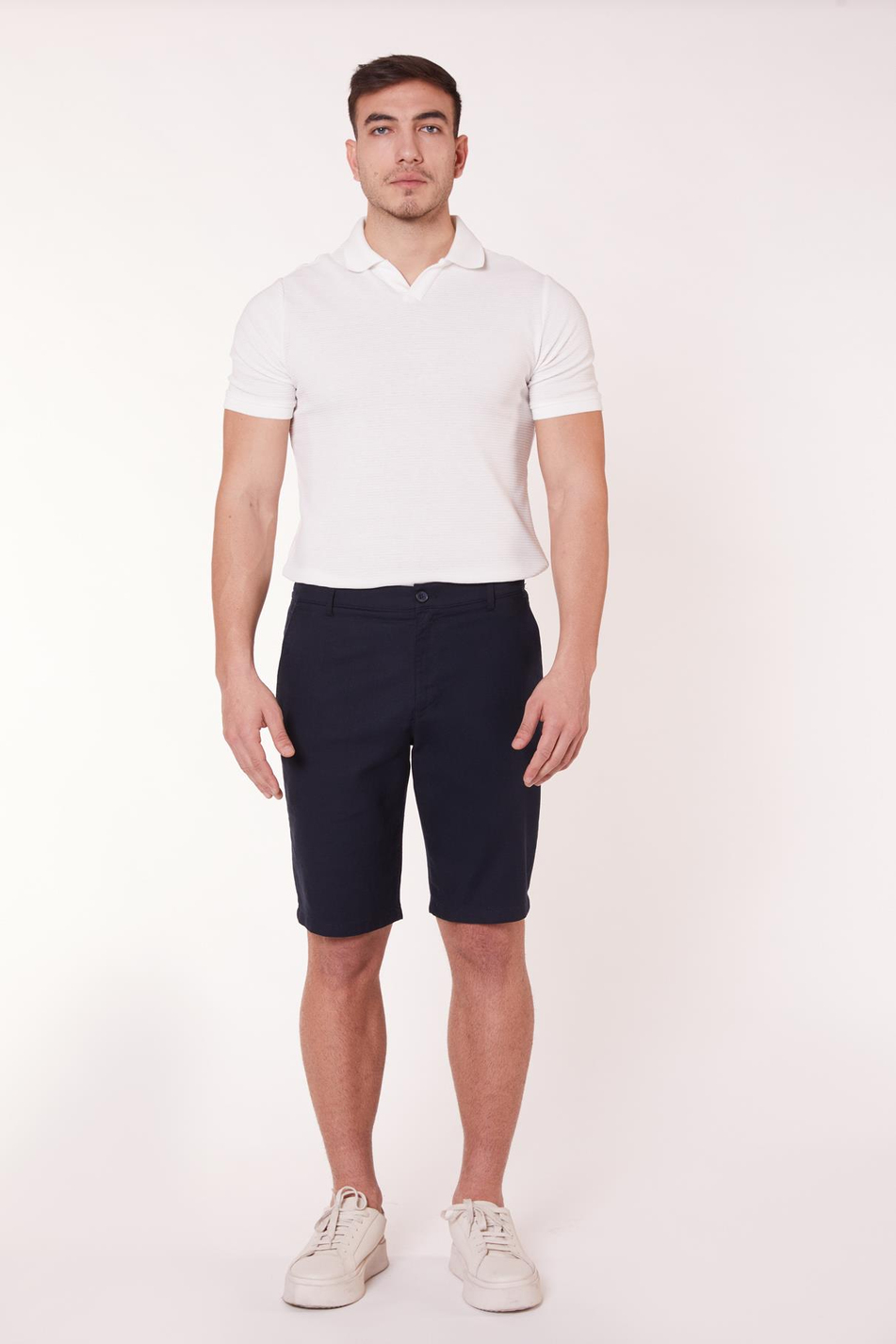 Erkek Beli Yarım Lastikli Keten Görünümlü Pamuk Şort Lacivert