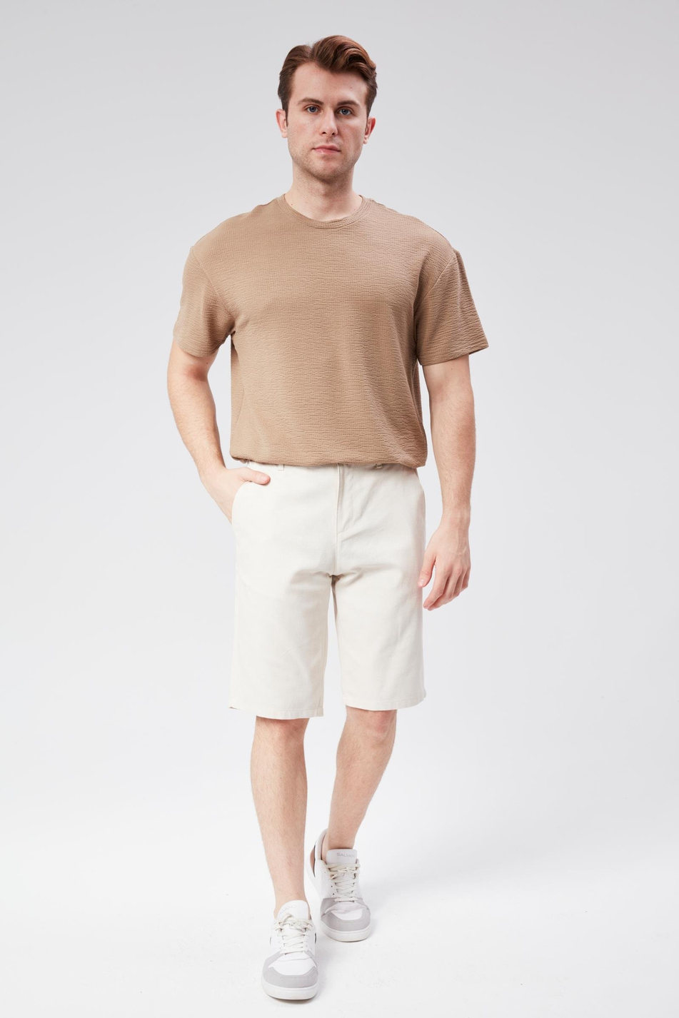 Erkek Beli Yarım Lastikli Keten Pamuk Karışımlı Slim Fit Şort Bej