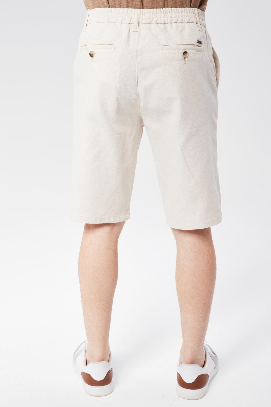 Erkek Beli Yarım Lastikli Keten Pamuk Karışımlı Slim Fit Şort Bej