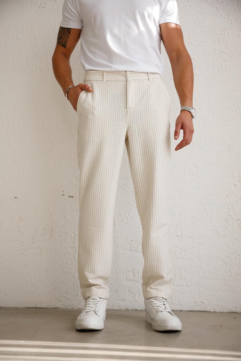 Erkek Esnek Dokulu Slim Fit Bej Pantolon