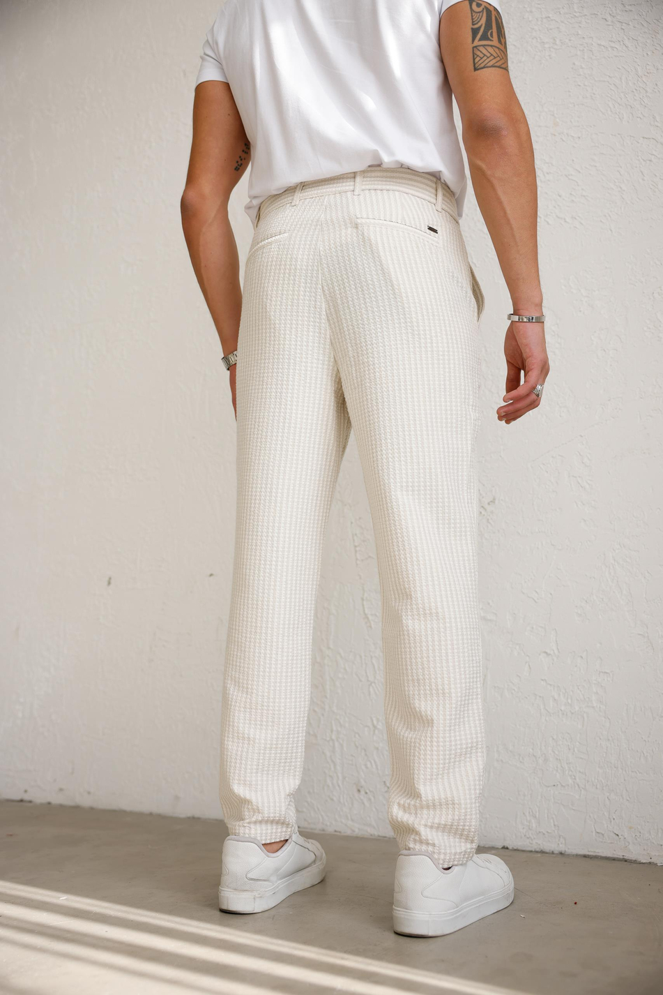 Erkek Esnek Dokulu Slim Fit Bej Pantolon