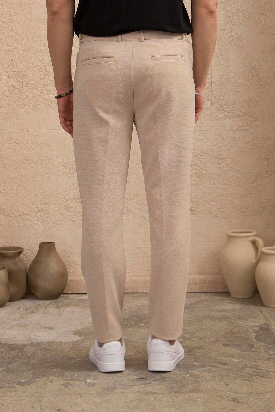 Erkek Likralı Dokulu Bej Pantolon