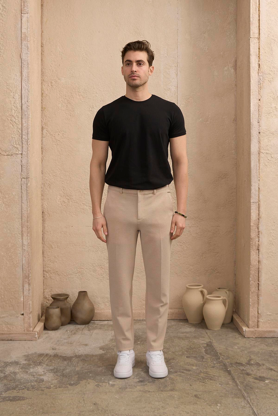 Erkek Likralı Dokulu Bej Pantolon
