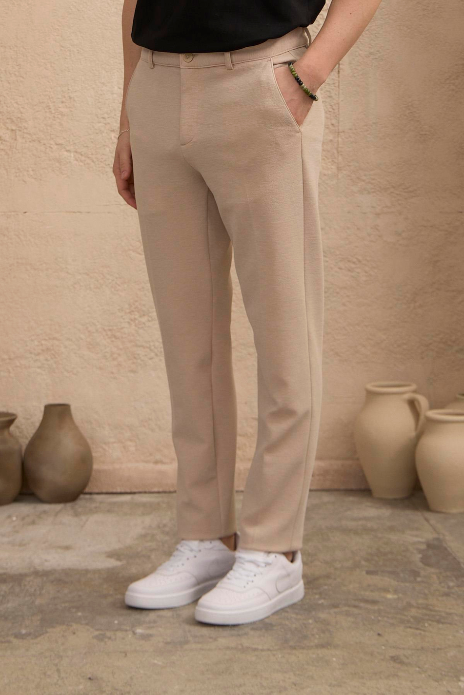 Erkek Likralı Dokulu Bej Pantolon