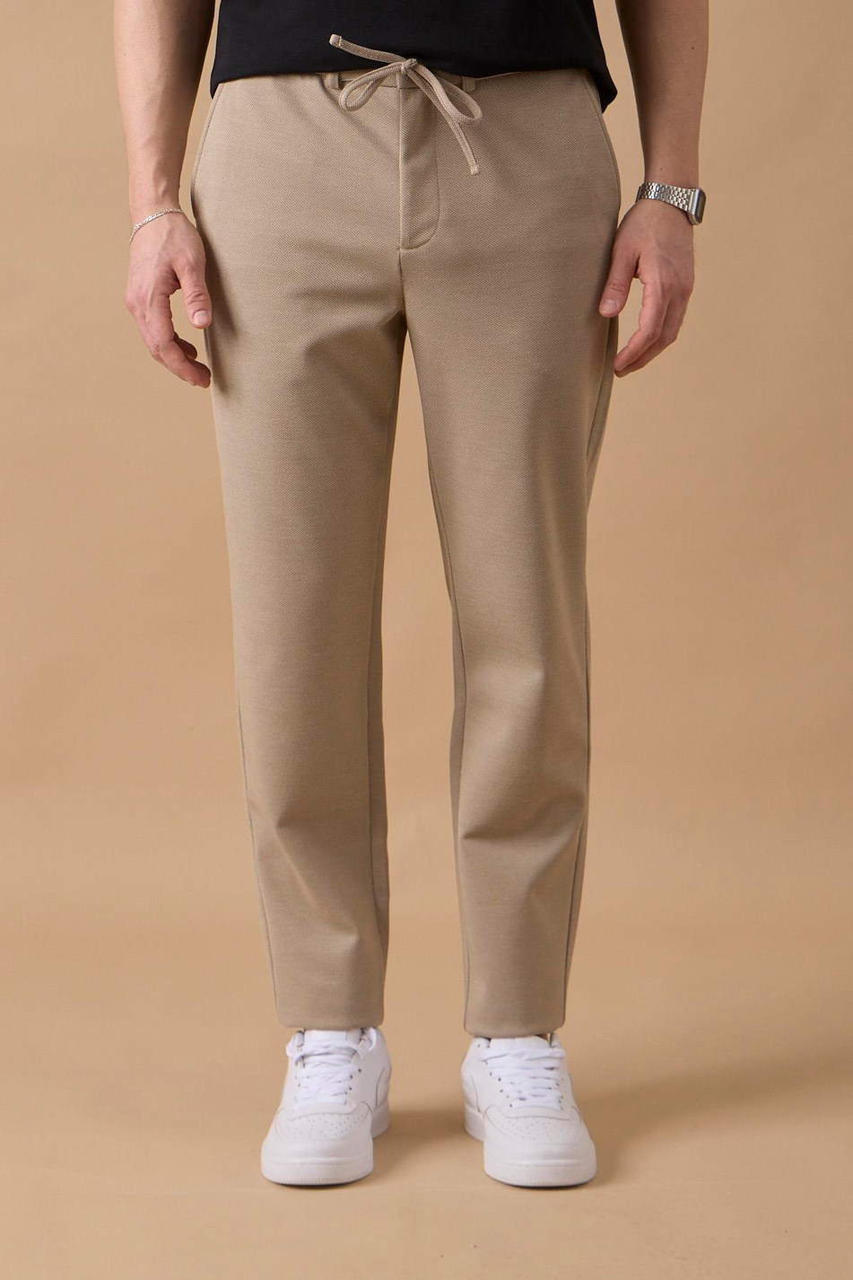 Erkek Regular Fit Orta Bel Düz Paça Bej Pantolon