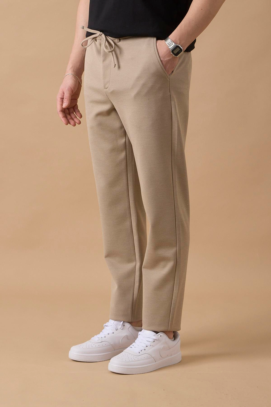 Erkek Regular Fit Orta Bel Düz Paça Bej Pantolon