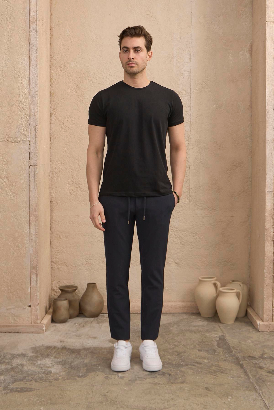 Erkek Slim Fit Beli Bağlamalı Dokulu Lacivert Pantolon