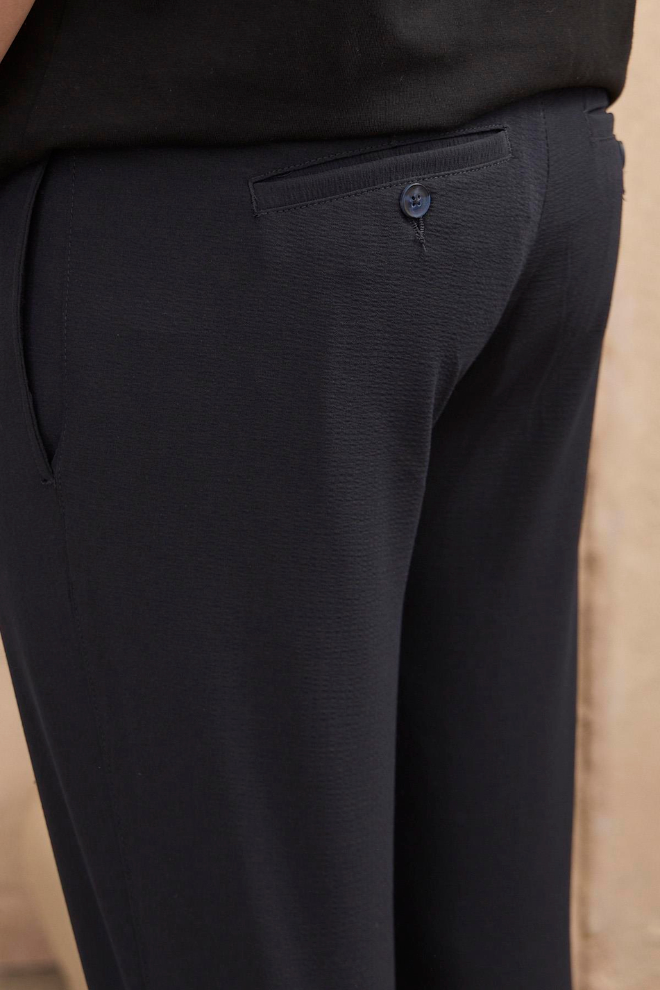 Erkek Slim Fit Beli Bağlamalı Dokulu Lacivert Pantolon