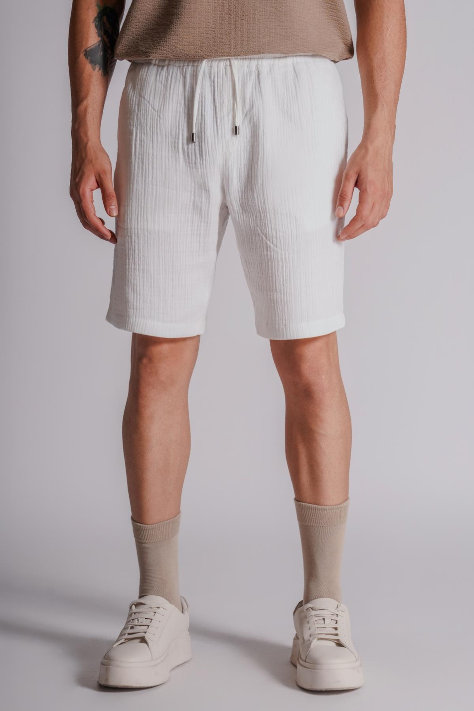 Erkek Yandan Cepli Beli Lastikli  Dokulu Kumaş Relaxed Fit Jogger Şort Ekru