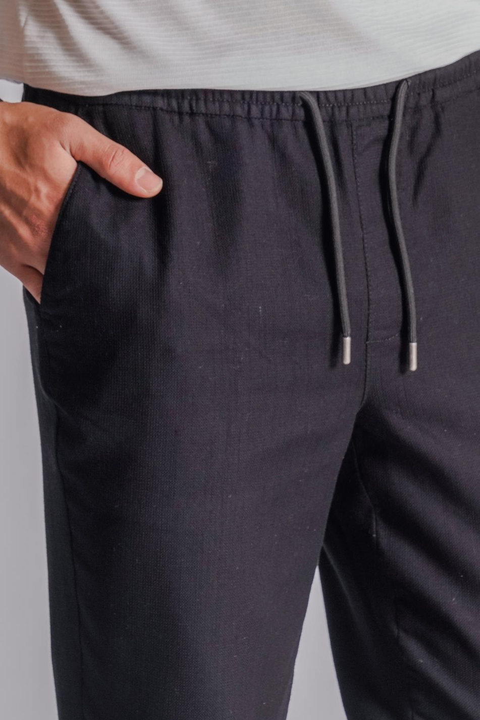 Erkek Yandan Cepli Beli Lastikli Keten Dokulu Relaxed Fit Siyah