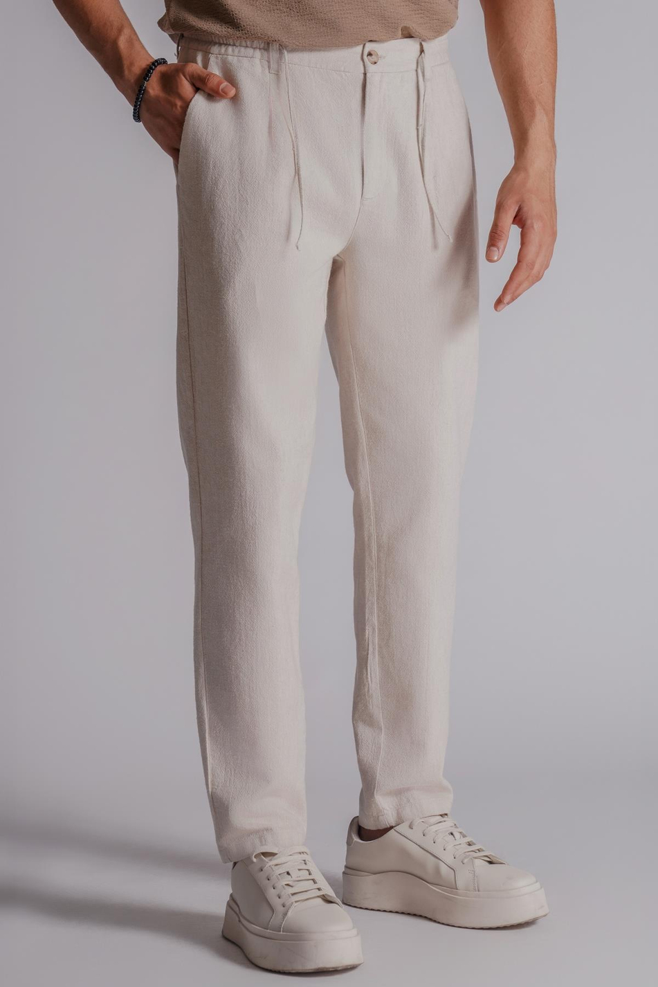 Erkek Yandan Cepli Beli Lastikli Keten Karışımlı Relaxed Fit Bej
