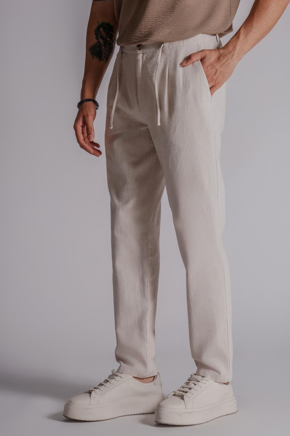Erkek Yandan Cepli Beli Lastikli Keten Karışımlı Relaxed Fit Bej