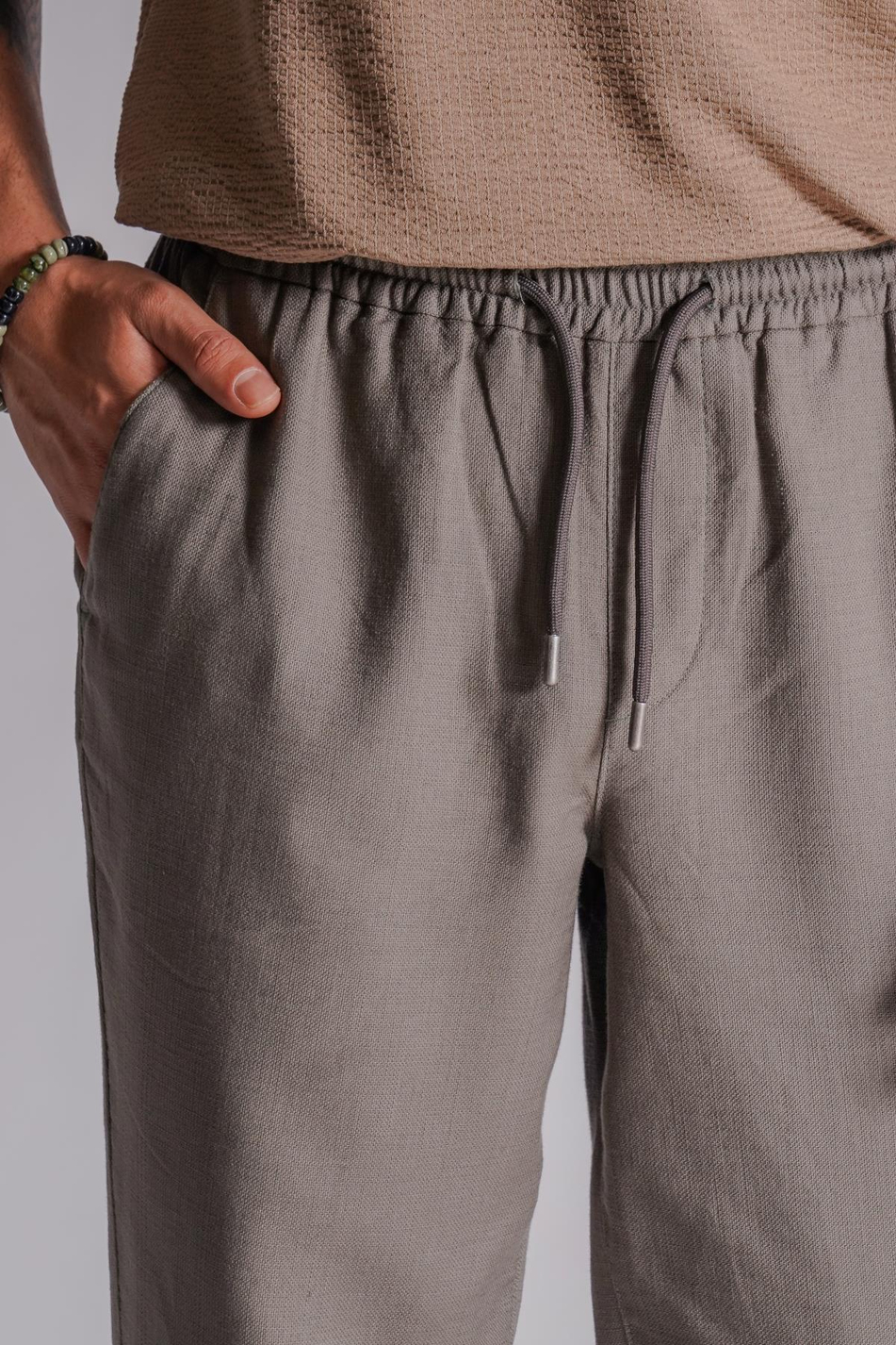 Erkek Yandan Cepli Beli Lastikli Keten Dokulu Relaxed Fit Jogger Pantolon Haki