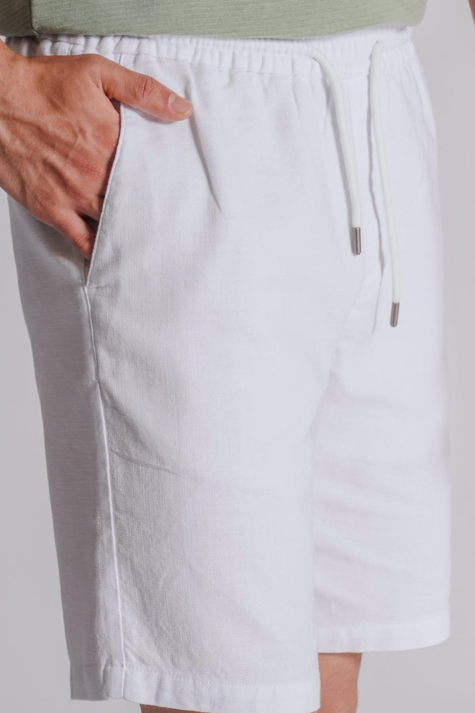 Erkek Yandan Cepli Beli Lastikli Keten Dokulu Relaxed Fit Jogger Şort Beyaz