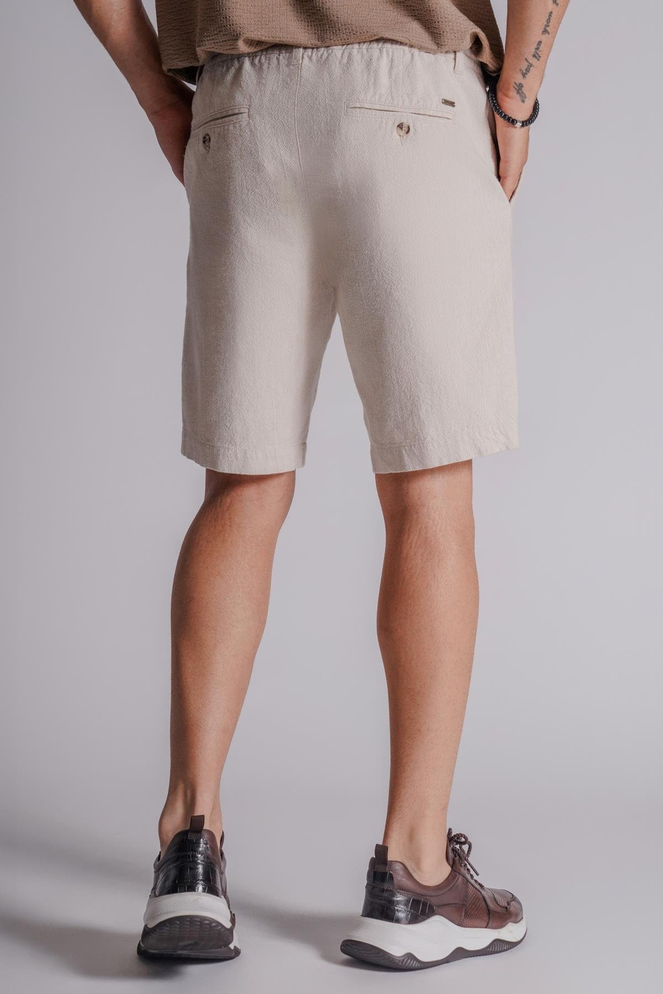 Erkek Yandan Cepli Beli Lastikli Keten Karışımlı Relaxed Fit Chino Şort Bej