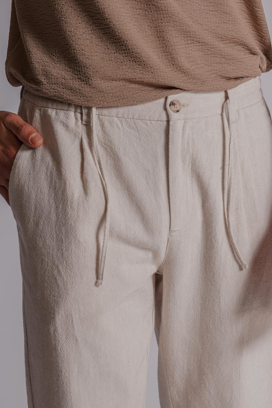 Erkek Yandan Cepli Beli Lastikli Keten Karışımlı Relaxed Fit Bej