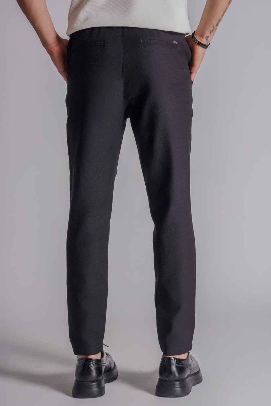 Erkek Yandan Cepli Beli Lastikli Keten Dokulu Relaxed Fit Siyah