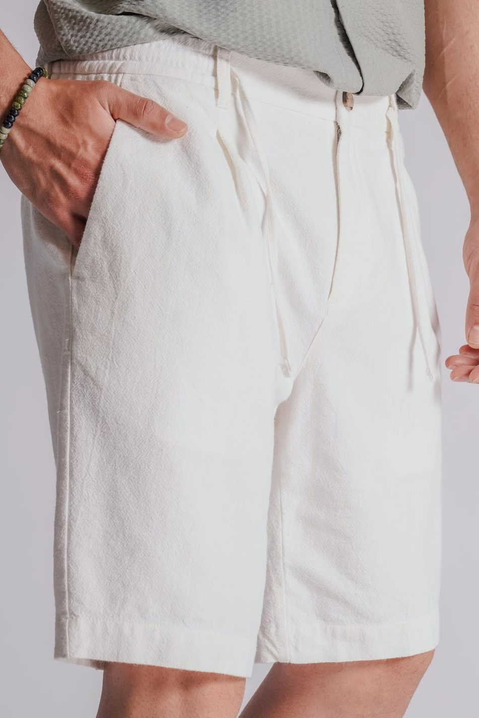 Erkek Yandan Cepli Beli Lastikli Keten Karışımlı Relaxed Fit Chino Şort Ekru