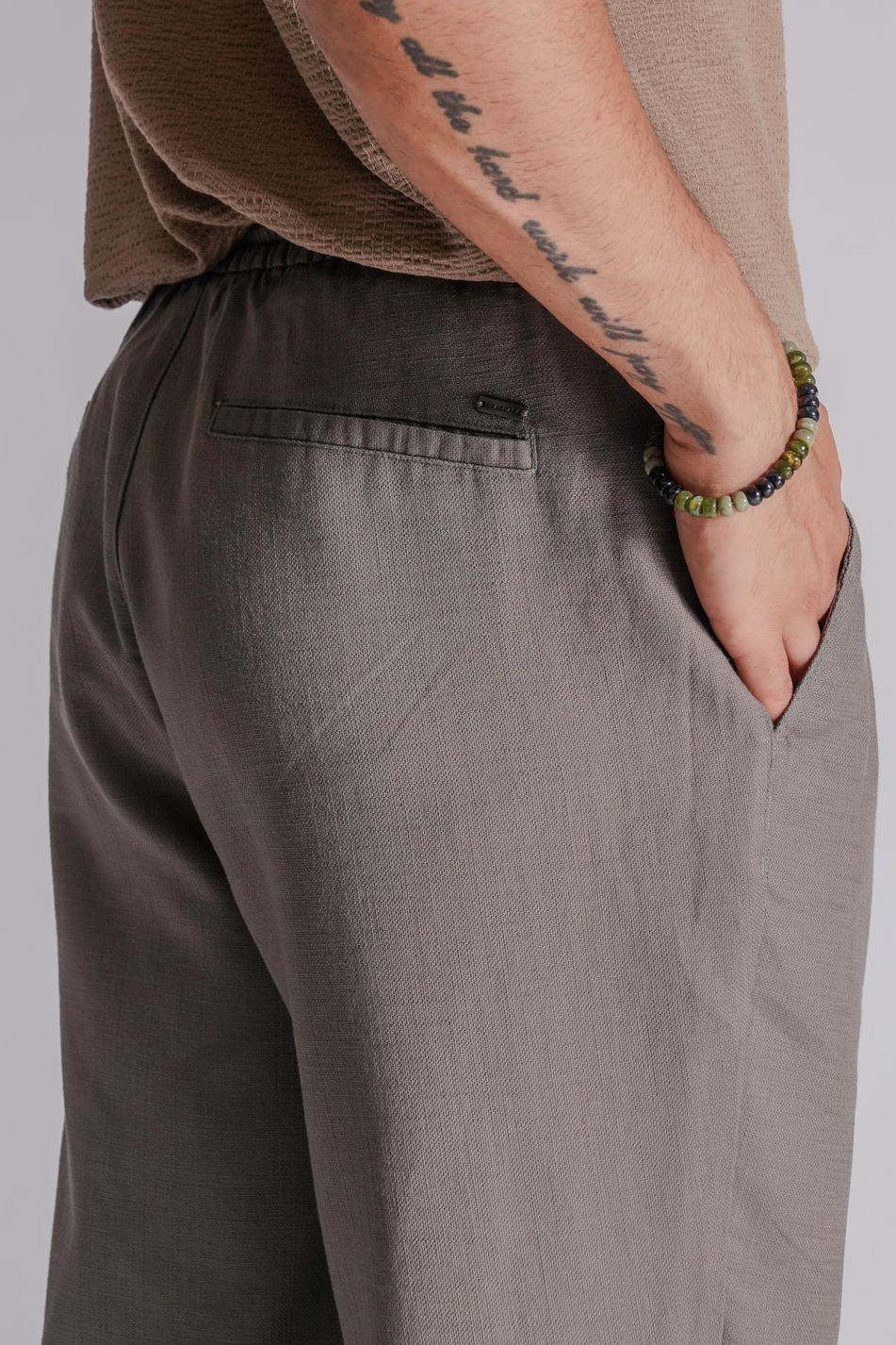 Erkek Yandan Cepli Beli Lastikli Keten Dokulu Relaxed Fit Jogger Pantolon Haki