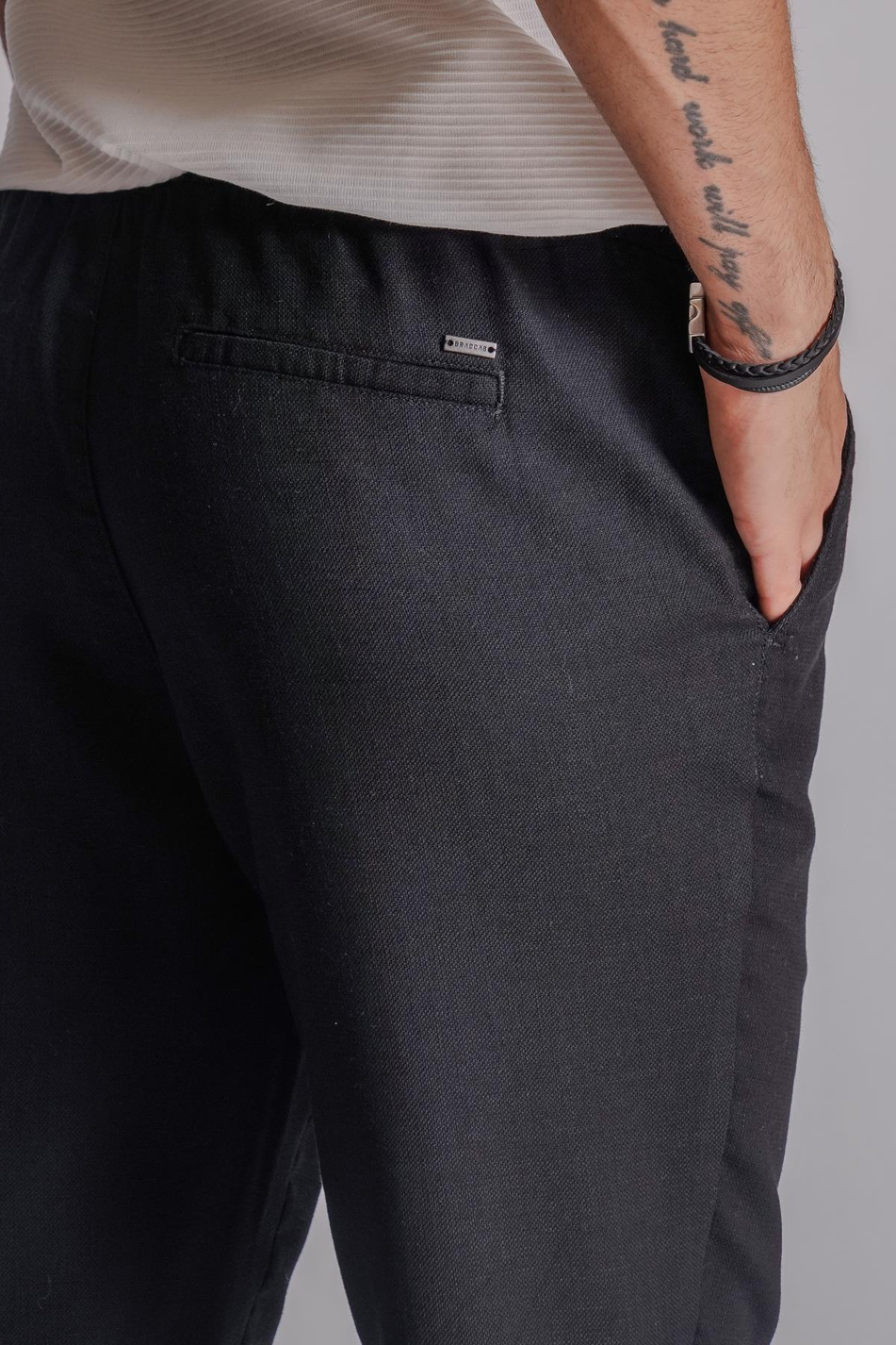 Erkek Yandan Cepli Beli Lastikli Keten Dokulu Relaxed Fit Siyah