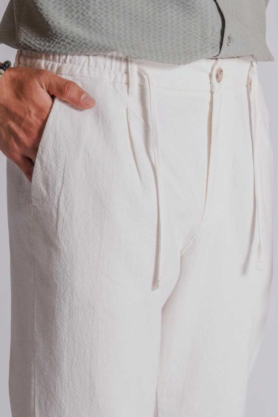 Erkek Yandan Cepli Beli Lastikli Keten Karışımlı Relaxed Fit Ekru