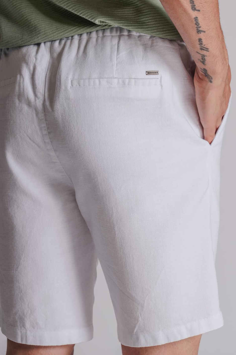 Erkek Yandan Cepli Beli Lastikli Keten Dokulu Relaxed Fit Jogger Şort Beyaz