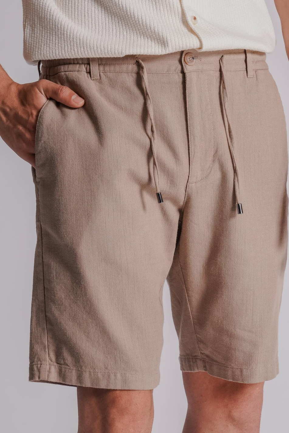 Erkek Yandan Cepli Beli Lastikli Keten Görünümlü Relaxed Fit Chino Şort Vizon