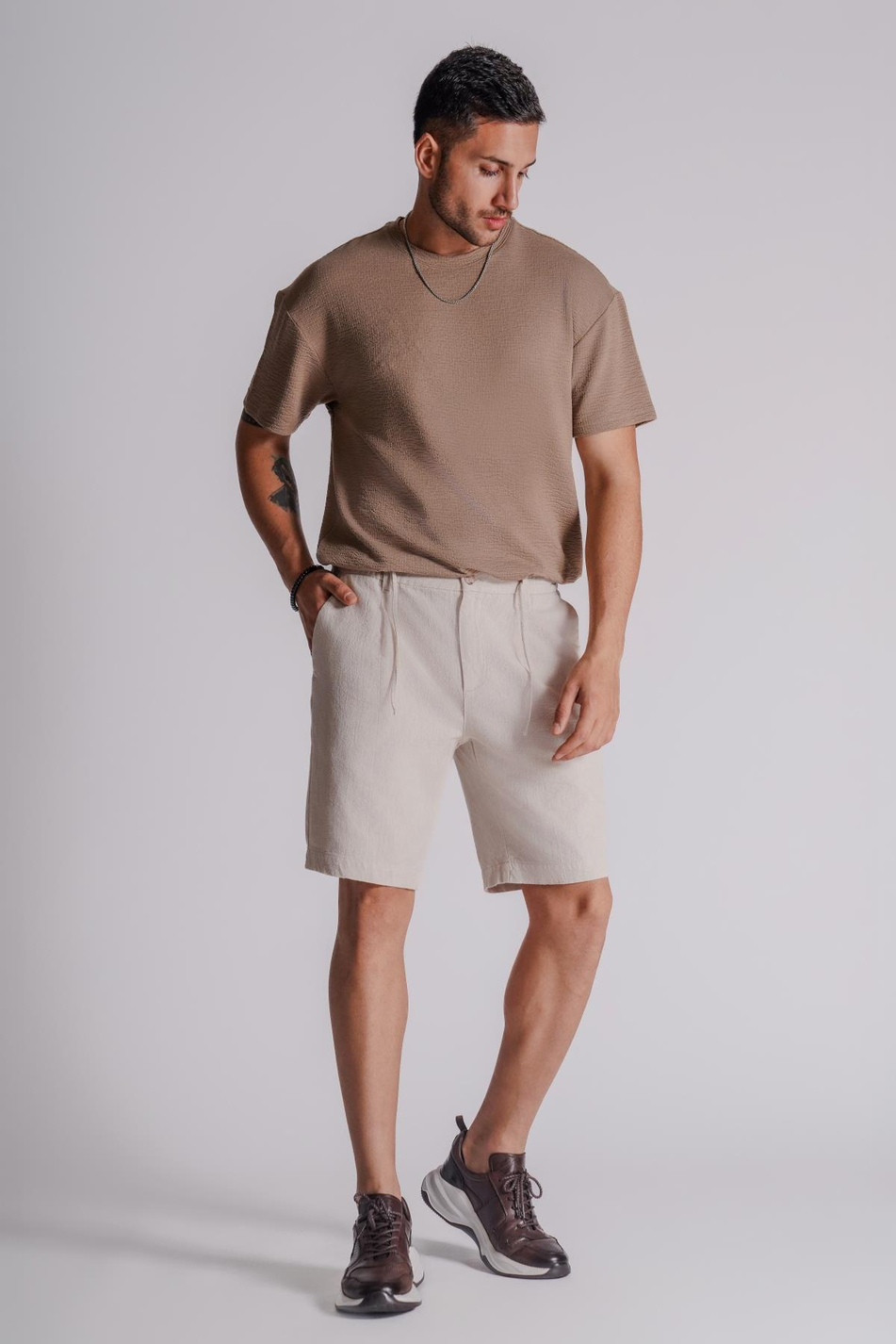 Erkek Yandan Cepli Beli Lastikli Keten Karışımlı Relaxed Fit Chino Şort Bej