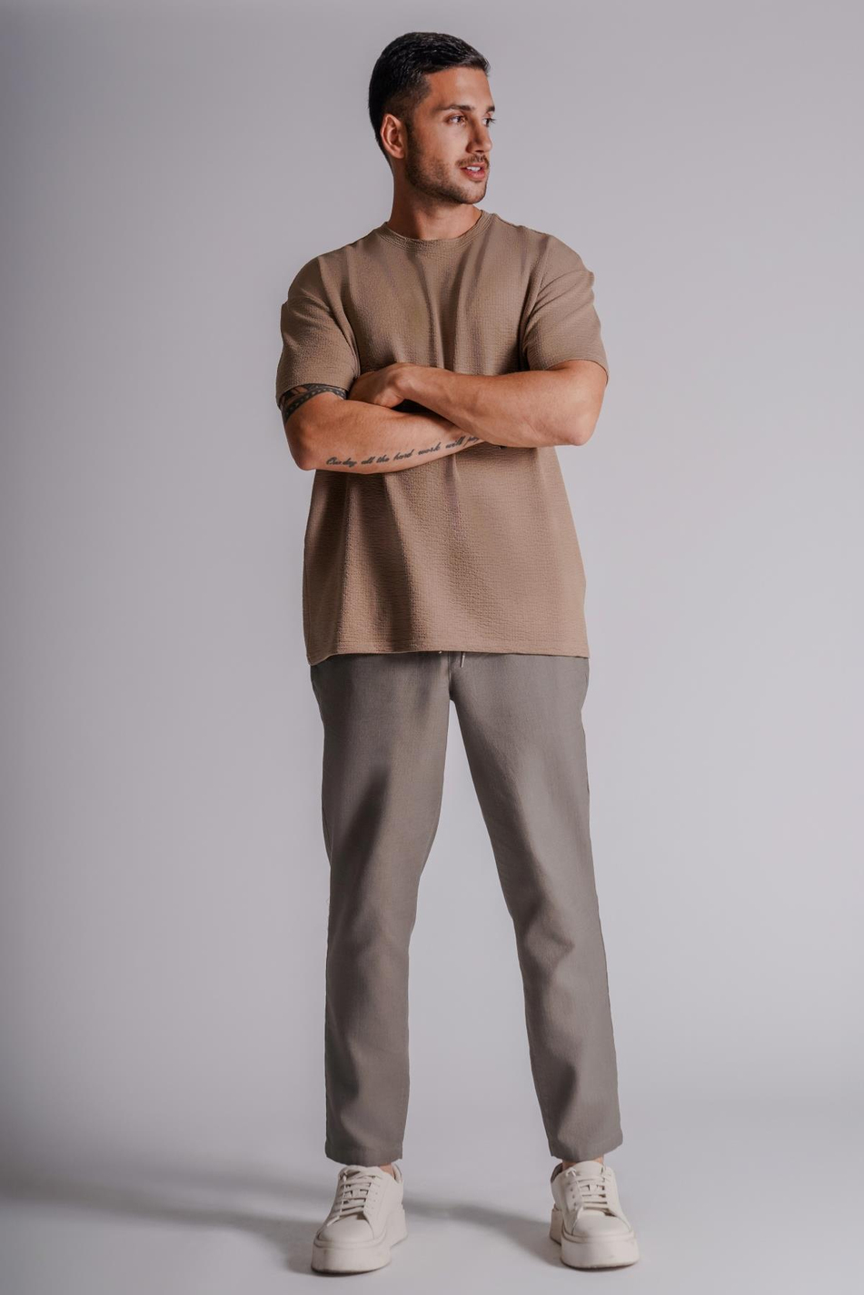 Erkek Yandan Cepli Beli Lastikli Keten Dokulu Relaxed Fit Jogger Pantolon Haki