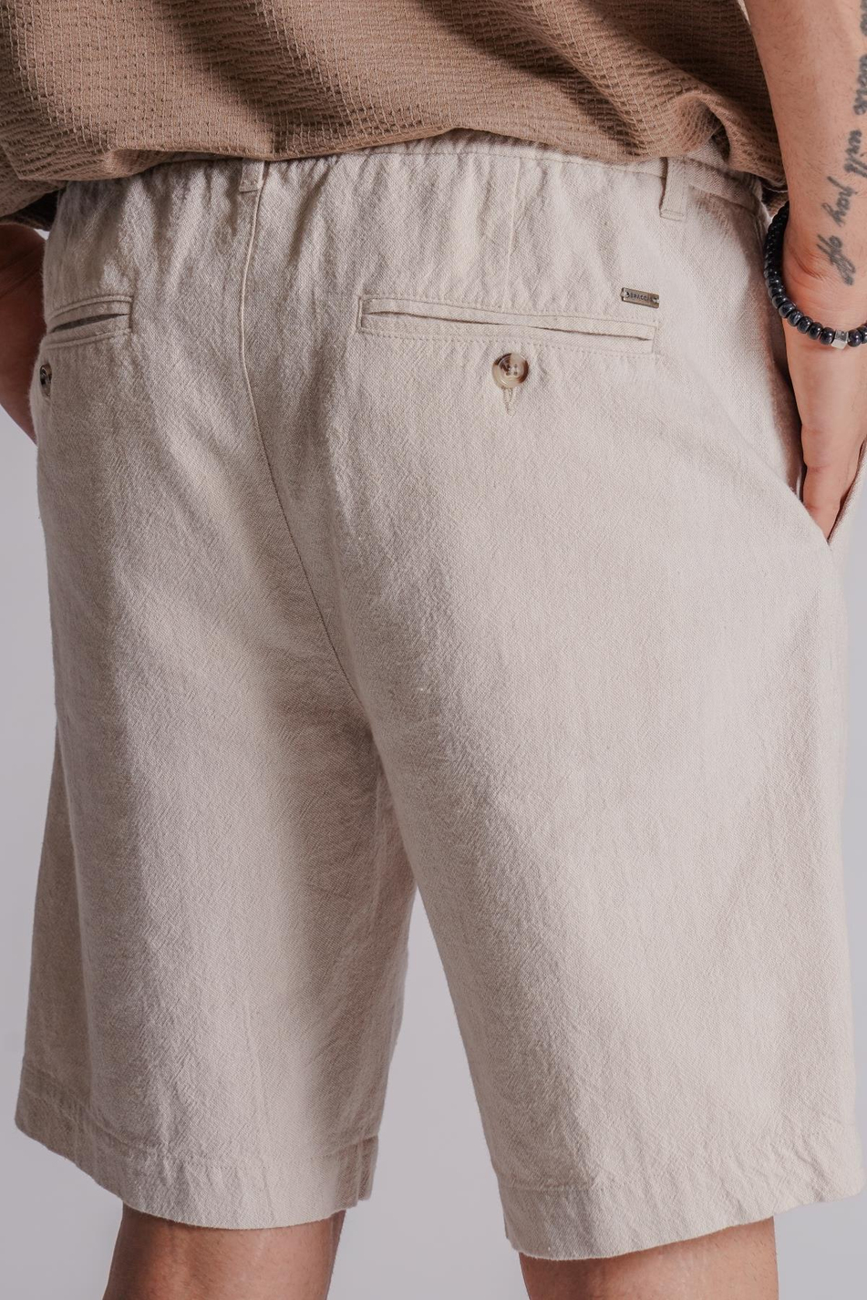 Erkek Yandan Cepli Beli Lastikli Keten Karışımlı Relaxed Fit Chino Şort Bej