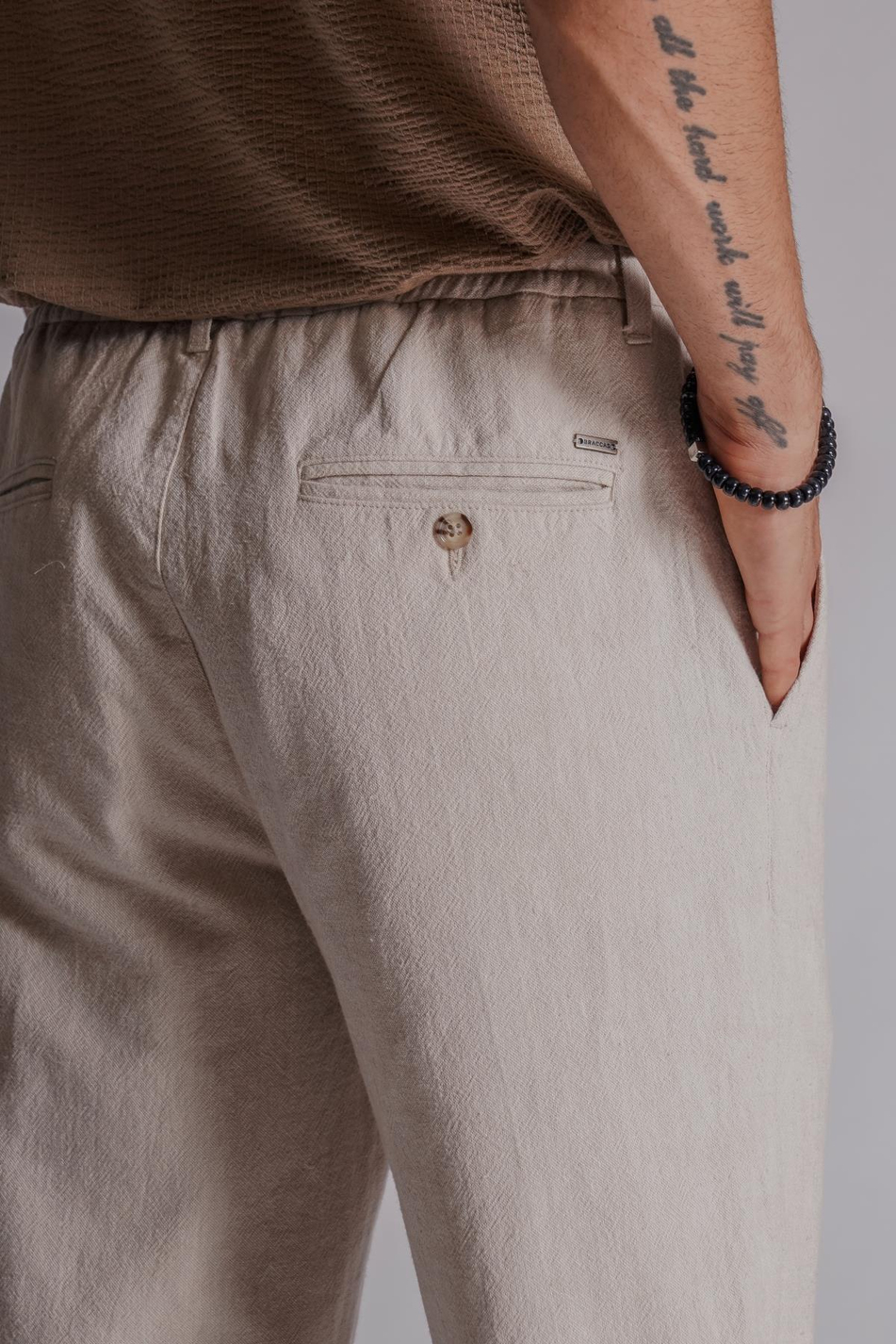 Erkek Yandan Cepli Beli Lastikli Keten Karışımlı Relaxed Fit Bej