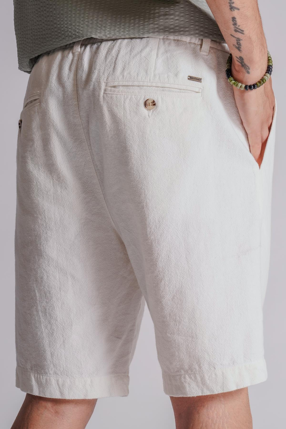 Erkek Yandan Cepli Beli Lastikli Keten Karışımlı Relaxed Fit Chino Şort Ekru