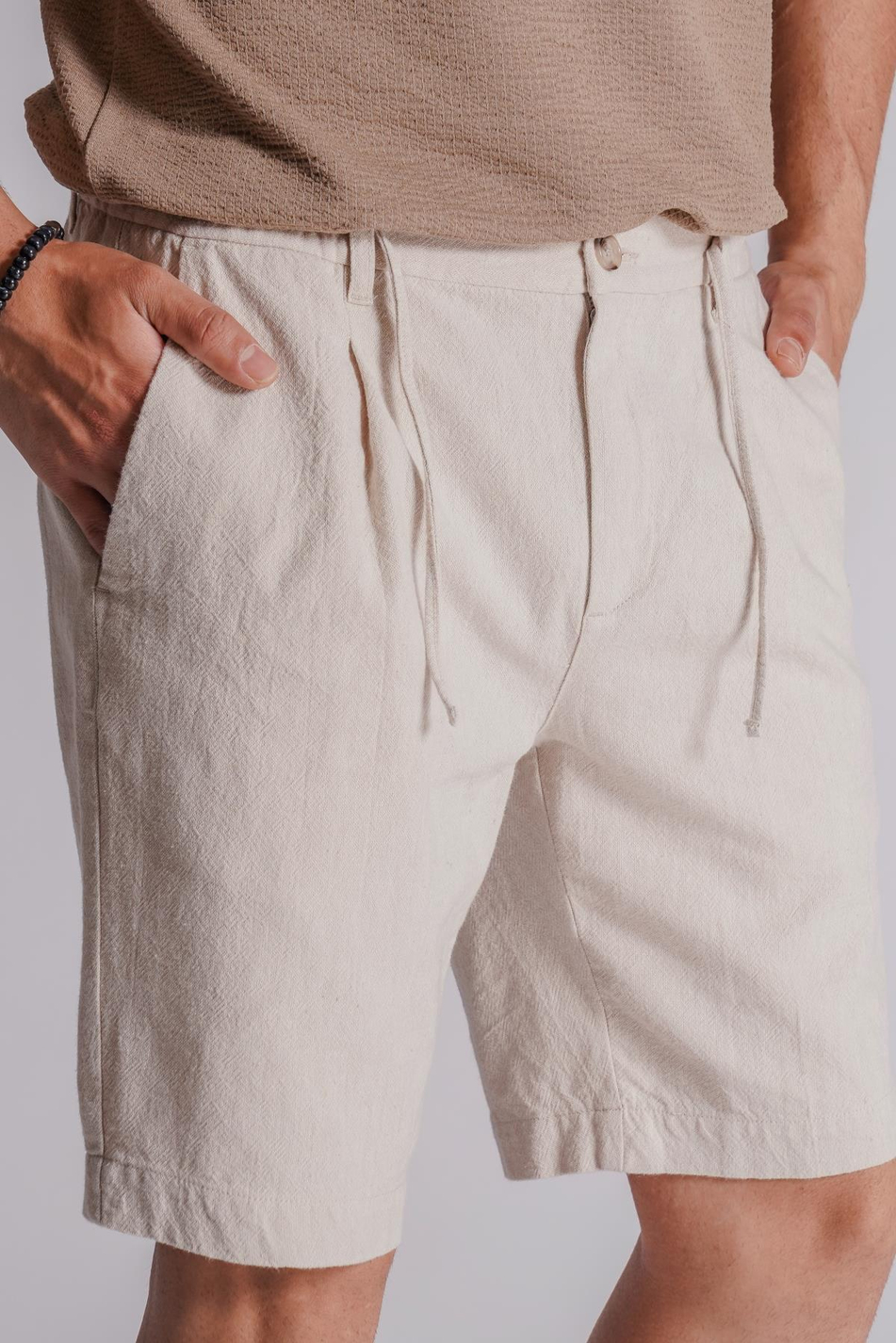 Erkek Yandan Cepli Beli Lastikli Keten Karışımlı Relaxed Fit Chino Şort Bej