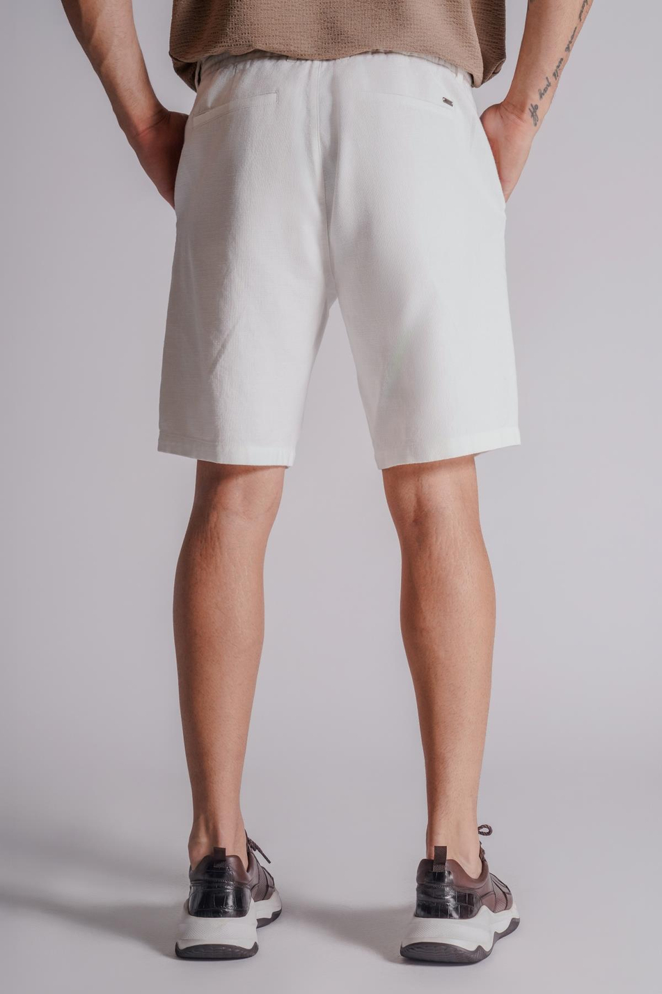 Erkek Yandan Cepli Beli Lastikli Keten Görünümlü Relaxed Fit Chino Şort Ekru