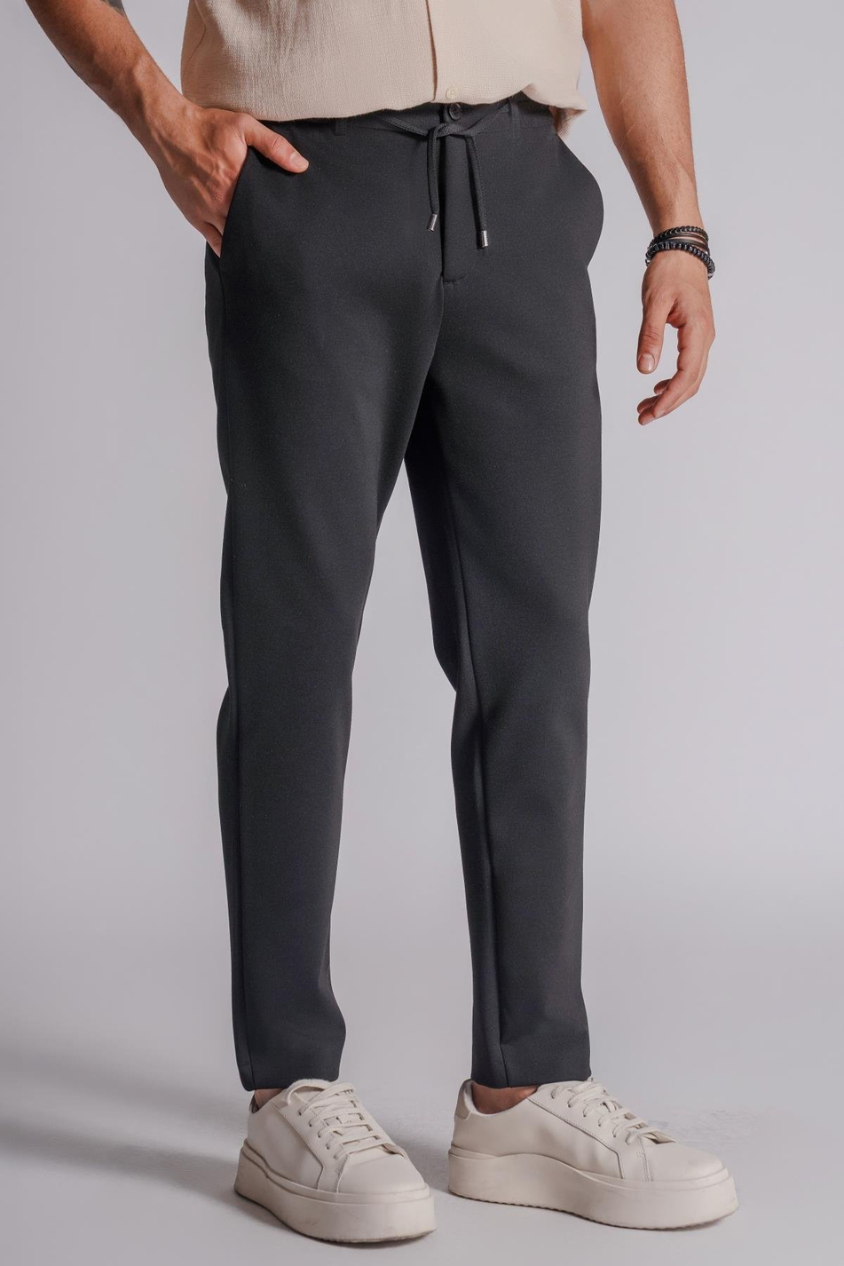 Erkek Yandan Cepli Beli Lastikli Relaxed Fit Chino Pantolon Siyah