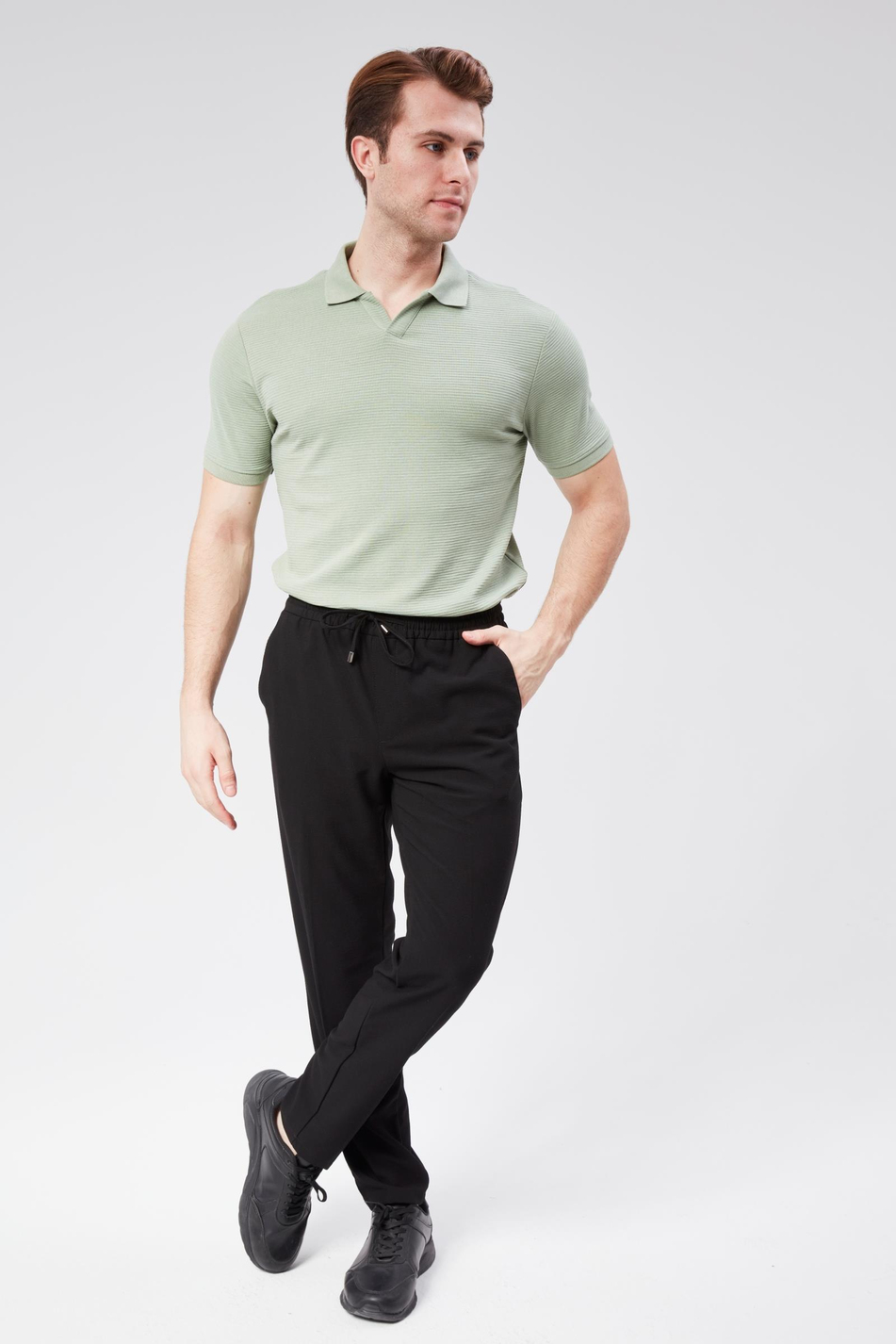 Erkek Yandan Cepli Beli Lastikli Slim Fit Chino Pantolon Siyah