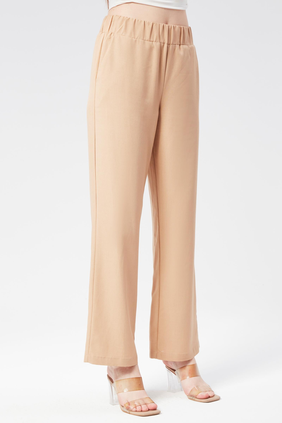 Kadın Keten Görünümlü Yandan Cepli Beli Lastikli Relaxed Fit Pantolon Taş