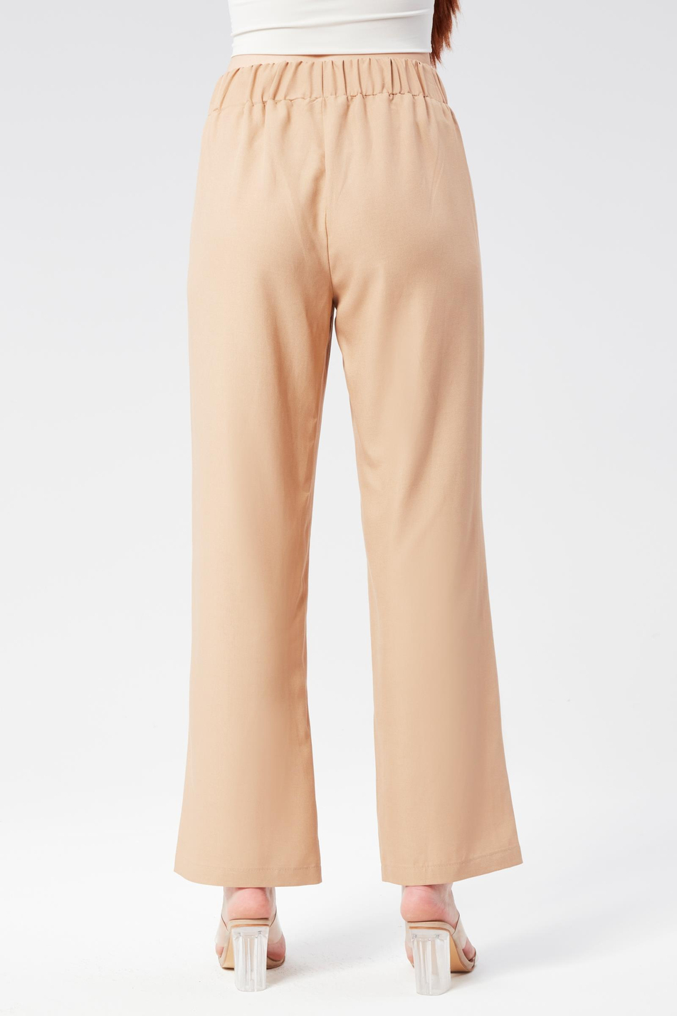 Kadın Keten Görünümlü Yandan Cepli Beli Lastikli Relaxed Fit Pantolon Taş