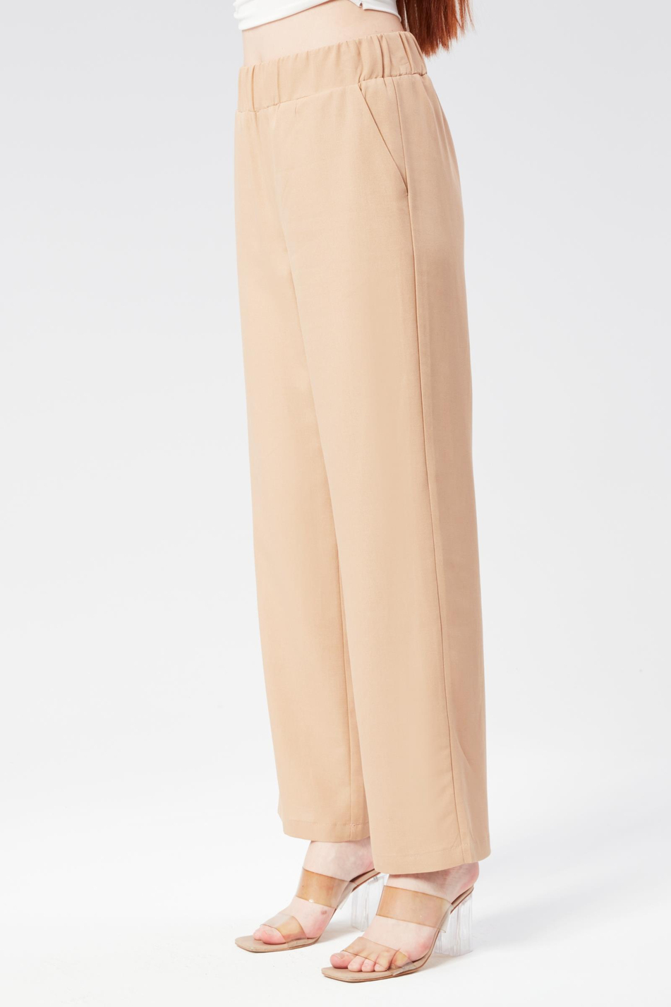 Kadın Keten Görünümlü Yandan Cepli Beli Lastikli Relaxed Fit Pantolon Taş