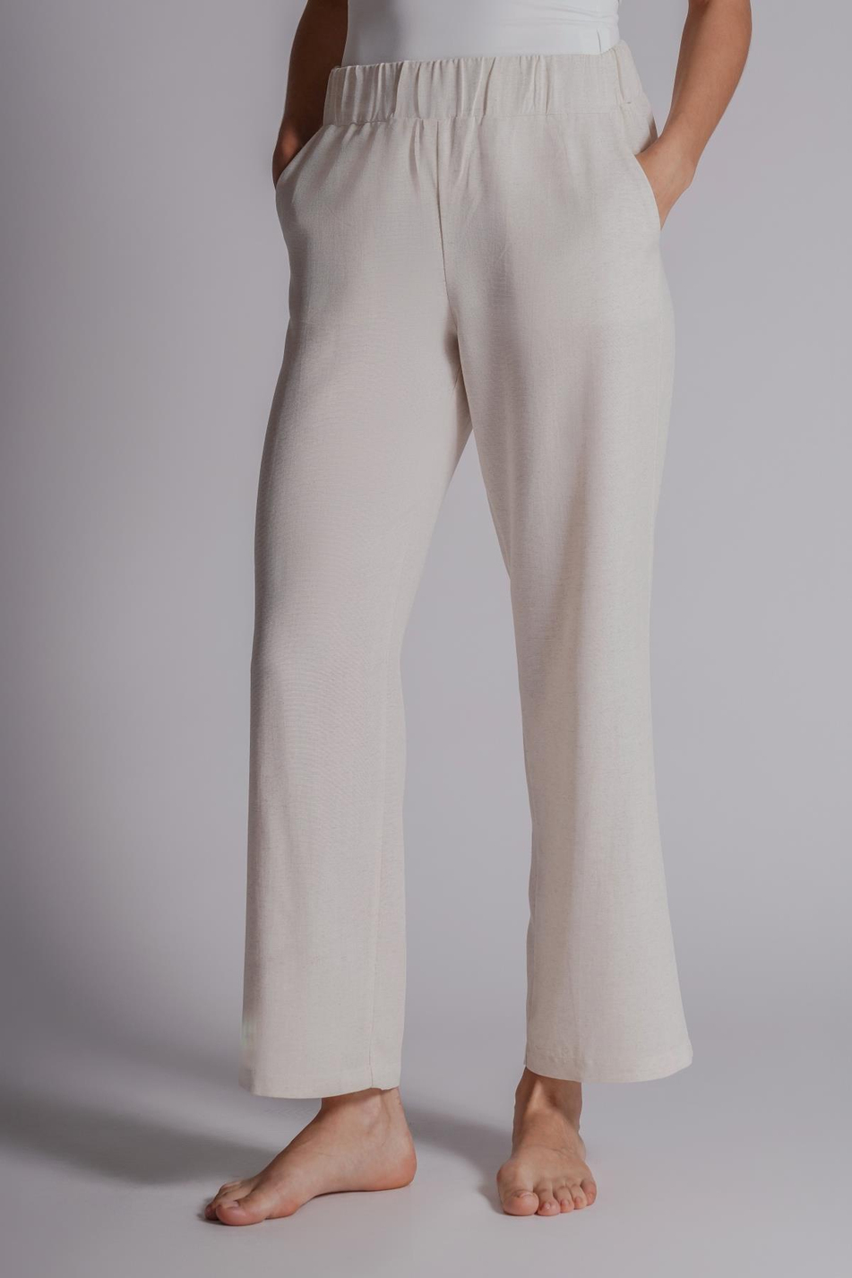 Kadın Keten Karışımlı Yandan Cepli Beli Lastikli Relaxed Fit Pantolon Naturel