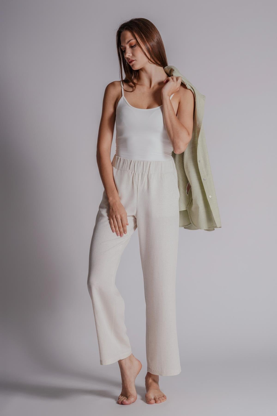 Kadın Keten Karışımlı Yandan Cepli Beli Lastikli Relaxed Fit Pantolon Naturel