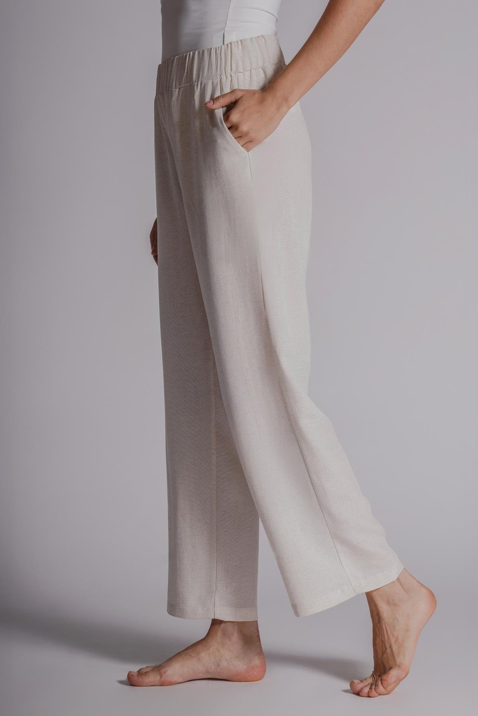 Kadın Keten Karışımlı Yandan Cepli Beli Lastikli Relaxed Fit Pantolon Naturel